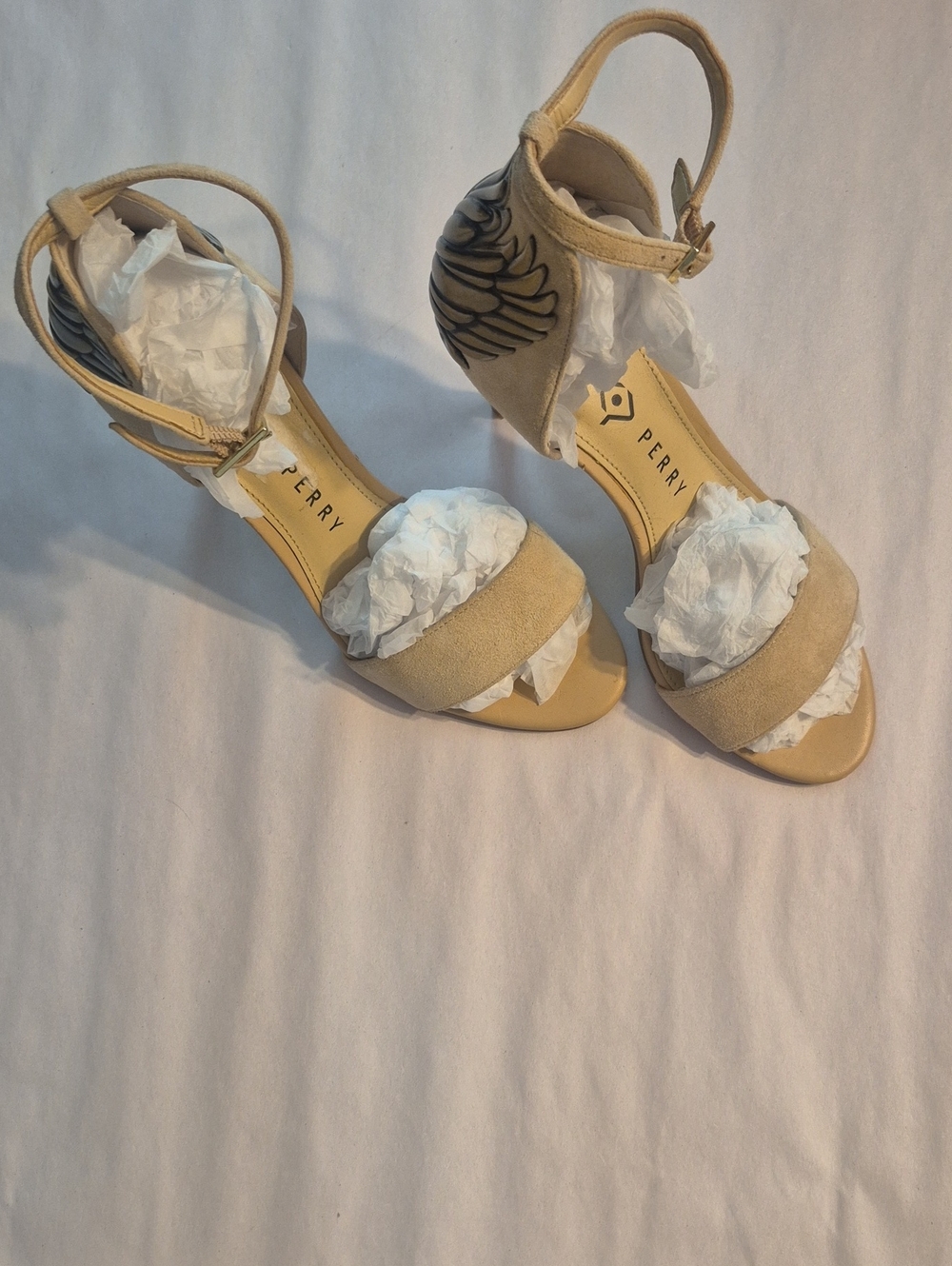 Perry Tan Suede Ankle-Strap Heels with Embroidered Detail